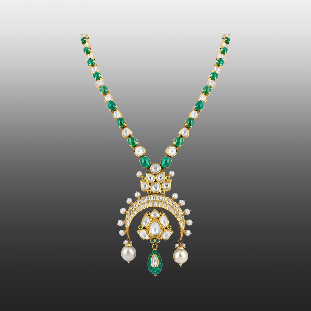 Inverted Chand Polki Necklace with Emeralds and Pearls